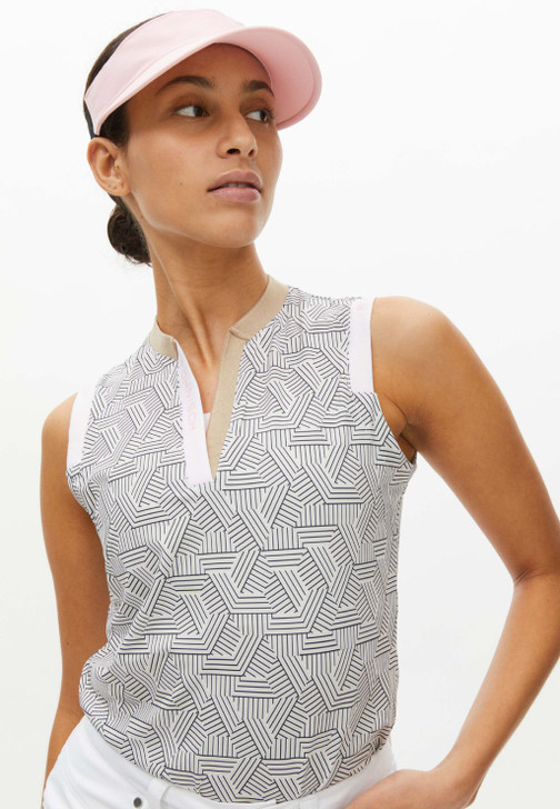 RH Abby Hexagon Beige Print Sleeveless Polo Shirt