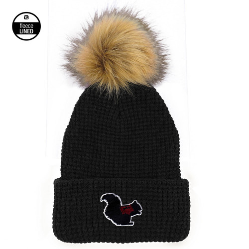 Hat Knit Cuff, waffle pattern, Fleece-lined, FF Pom Black Hat Knit Cuff, waffle pattern, Fleece-lined, FF Pom Black