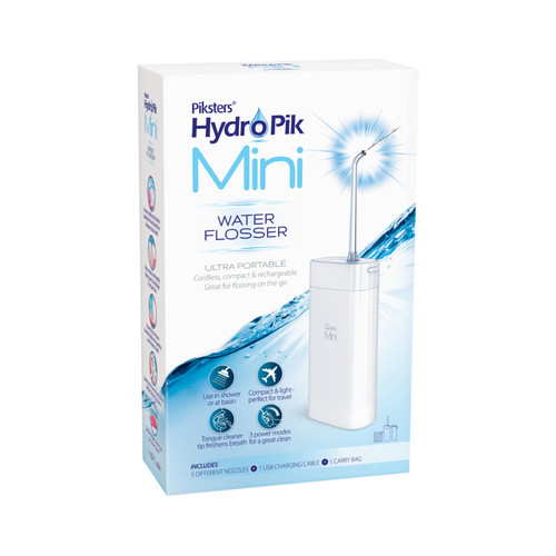 Piksters Hydropik Mini Water Flosser is a powerful Ultra Portable water flosser. Water flossing has been shown to remove 99.9% of plaque from treated areas.