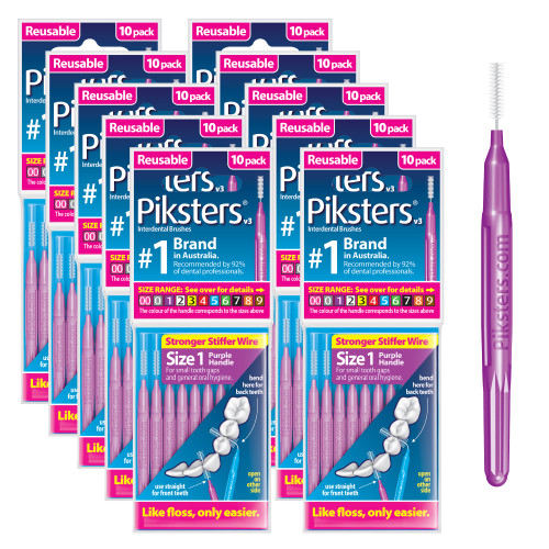 Piksters Interdental Brush Tight Gaps 100 Pack Purple Size 1