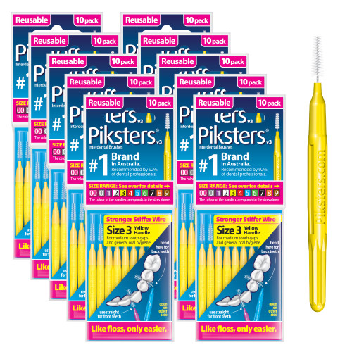 Piksters Interdental Brush Medium Gaps 100 Pack Yellow Size 3
