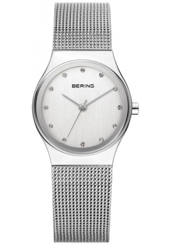 Bering Silver Brushed Dial Swarovski Crystals Mesh Bracelet Ladies Watch, 12934-000