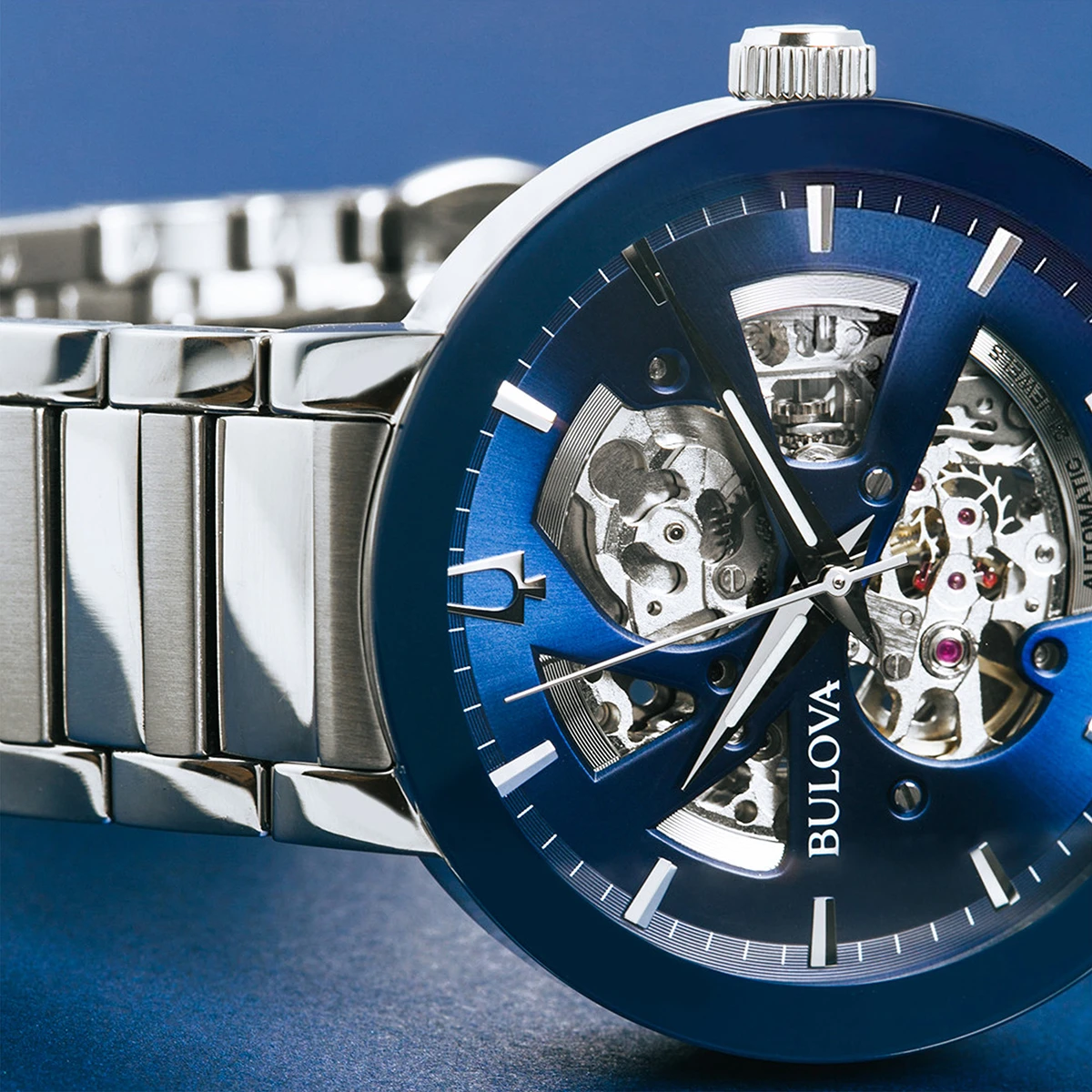 Bulova Futuro Automatic Blue Skeleton Dial Bracelet Watch 96A204