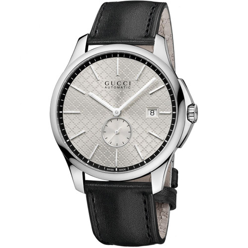 Gucci G-Timeless Automatic Men's Stainless Steel Silver Sapphire Crystal Leather Strap Watch YA126313