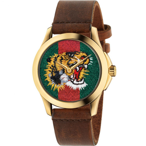 Gucci Wonderland Unisex Sapphire Gold PVD Case Green And Red Tiger Head Dial Leather Strap Watch YA126497