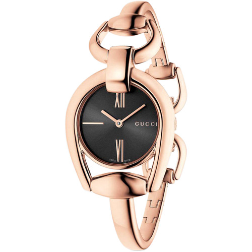 Gucci Horsebit Ladies Sapphire Black Dial Rose Gold PVD Bangle Watch YA139507