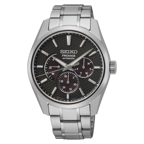 Seiko Presage Sharp Edged Kurotobi Russet Automatic Black Dial Bracelet Watch SPB307J1