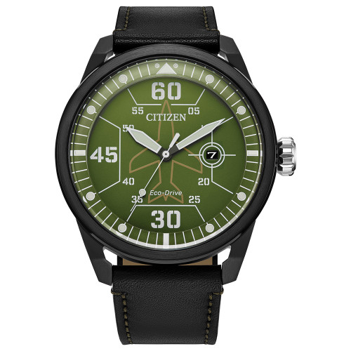 Citizen Eco-Drive Men's Green Dial Black Leather Strap Watch AW1735-03x