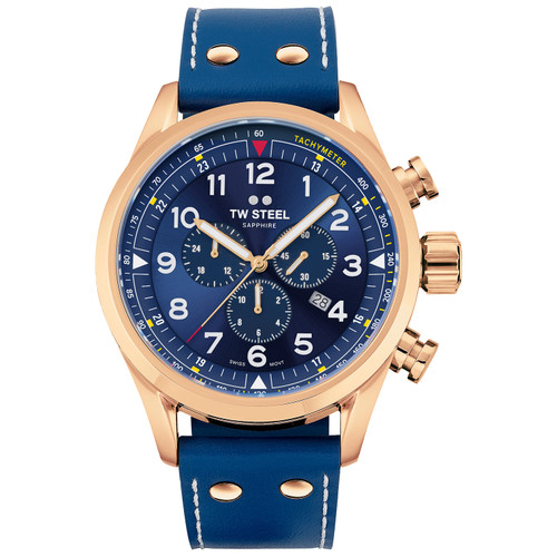 TW Steel Swiss Volante Chronograph Sunray Blue Dial Rose Gold Case Sapphire Blue Italian Leather Strap Watch SVS204