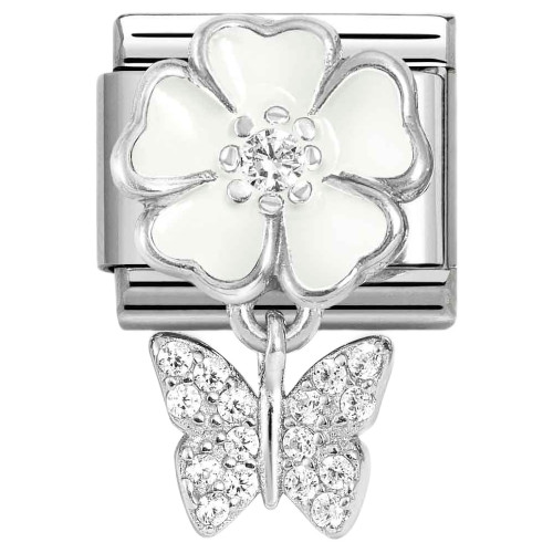Nomination Composable Classic CZ Charm | Stainless-steel | Silver | White Flower with Butterfly