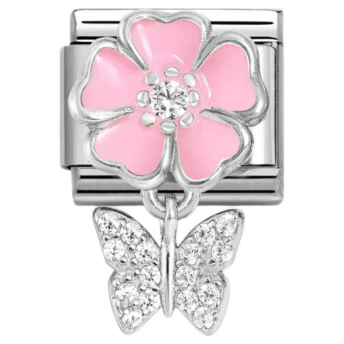 Nomination Composable Classic CZ Charm | Stainless-steel | Silver | Pink Flower with Butterfly
