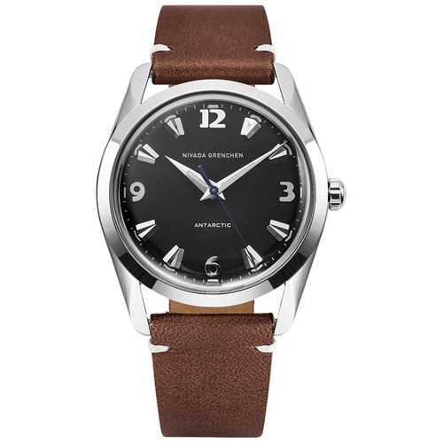 Nivada Grenchen Antarctic Watch | 35mm | Hand Winding | Black | Brown Leather with White Stitching
