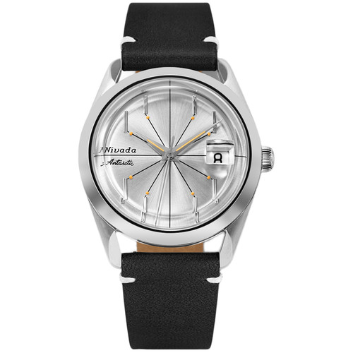 Nivada Grenchen Antarctic Spider Watch | 38mm | Automatic | Silver | Black Leather with White Stitching