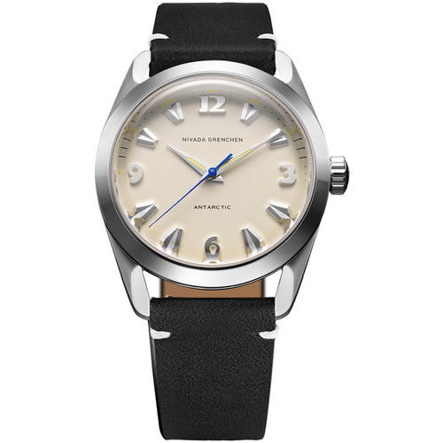 Nivada Grenchen Antarctic Watch | 35mm | Hand Winding | Eggshell Beige | Black Leather Strap with White Stitching