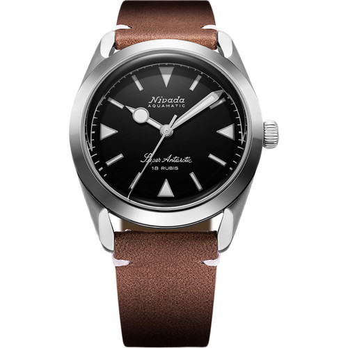 Nivada Grenchen Super Antarctic Watch | 35mm | Hand Winding | Black | Brown Leather with White Stitching