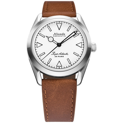 Nivada Grenchen Super Antarctic Watch | 38mm | Automatic | White | Brown Leather Strap