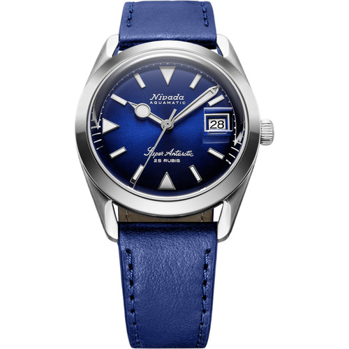 Nivada Grenchen Super Antarctic Watch | 38mm | Automatic | Date Display | Blue | Blue Leather Strap