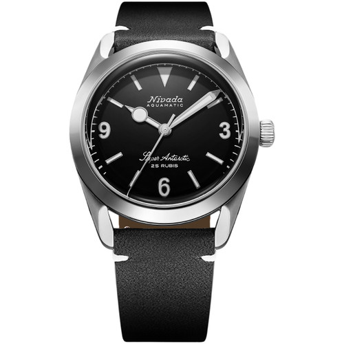 Nivada Grenchen Super Antarctic 3.6.9 Watch | 38mm | Automatic | Black | Black Leather with White Stitching Strap