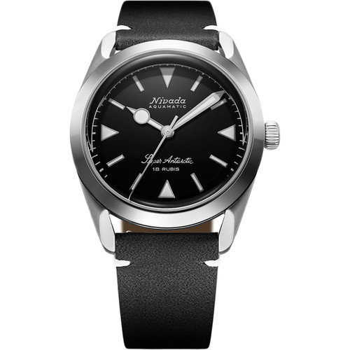 Nivada Grenchen Super Antarctic Watch | 35mm | Hand Winding | Black | Black Leather with White Stitching