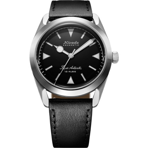 Nivada Grenchen Super Antarctic Watch | 35mm | Hand Winding | Black | Black Leather