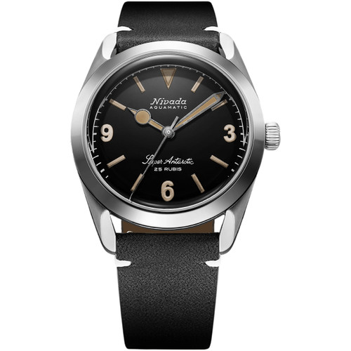 Nivada Grenchen Super Antarctic 3.6.9 Watch | 38mm | Automatic | Black | Black Leather with White Stitching