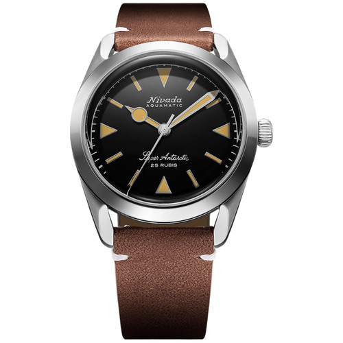 Nivada Grenchen Super Antarctic Watch | 38mm | Automatic | Black | Brown Leather Strap with White Stitching