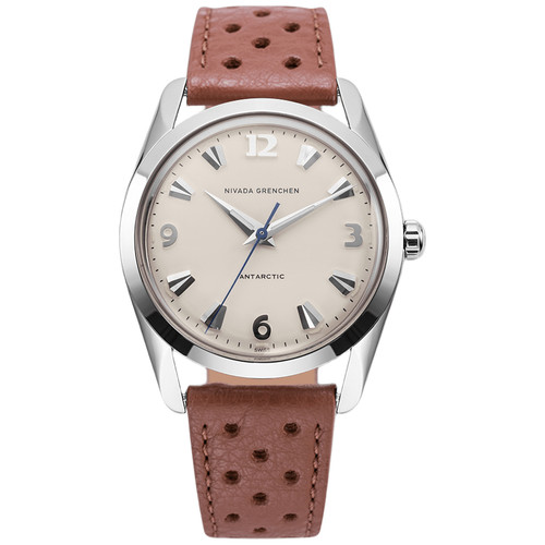 Nivada Grenchen Antarctic Watch | 35mm | Hand Winding | Eggshell White | Brown Racing Strap
