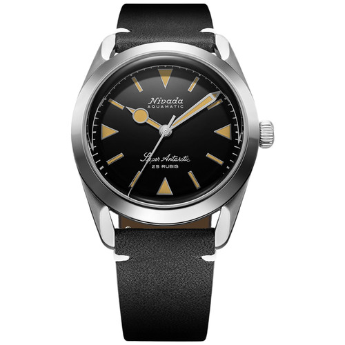Nivada Grenchen Super Antarctic Watch | 38mm | Automatic | Black | Black Leather Strap with White Stitching