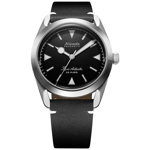 Nivada Grenchen Super Antarctic Watch | 38mm | Automatic | Black | Black Leather with White Stitching
