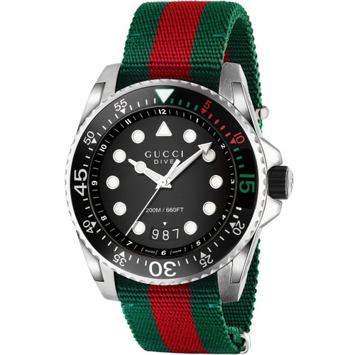 Gucci Dive Green And Red Nylon Strap Watch YA136209