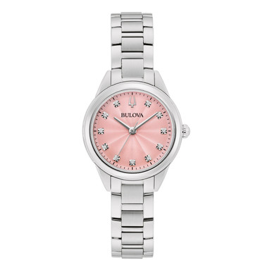 Bulova Sutton Ladies 11 Diamonds 28mm Quartz Pink Watch 96P249