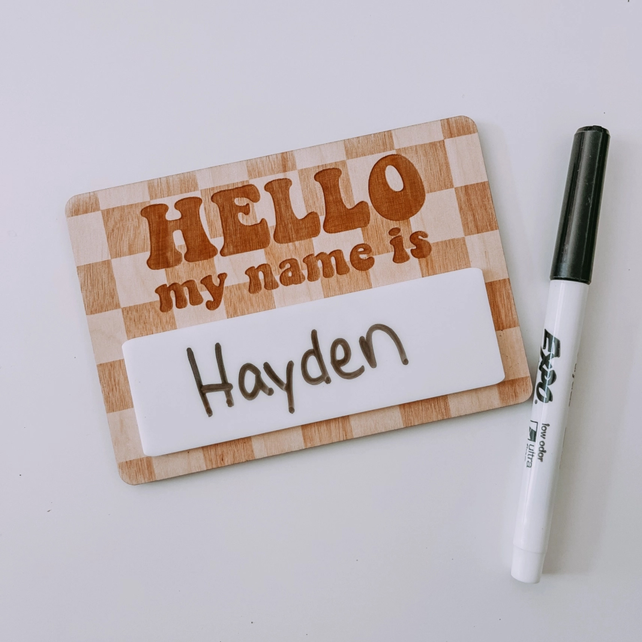 Hello My Name is Wooden Sign | Checker Print