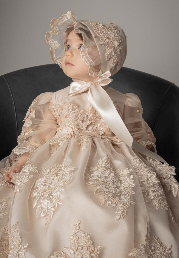Ropón de bautizo S60 para niña beige + Vestido de Fiesta