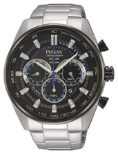 Pulsar Men's Solar Chronograph Watch with Date and Stainless Steel Bracelet PX5019X1