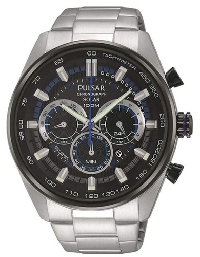Pulsar Men's Solar Chronograph Watch with Date and Stainless Steel Bracelet PX5019X1