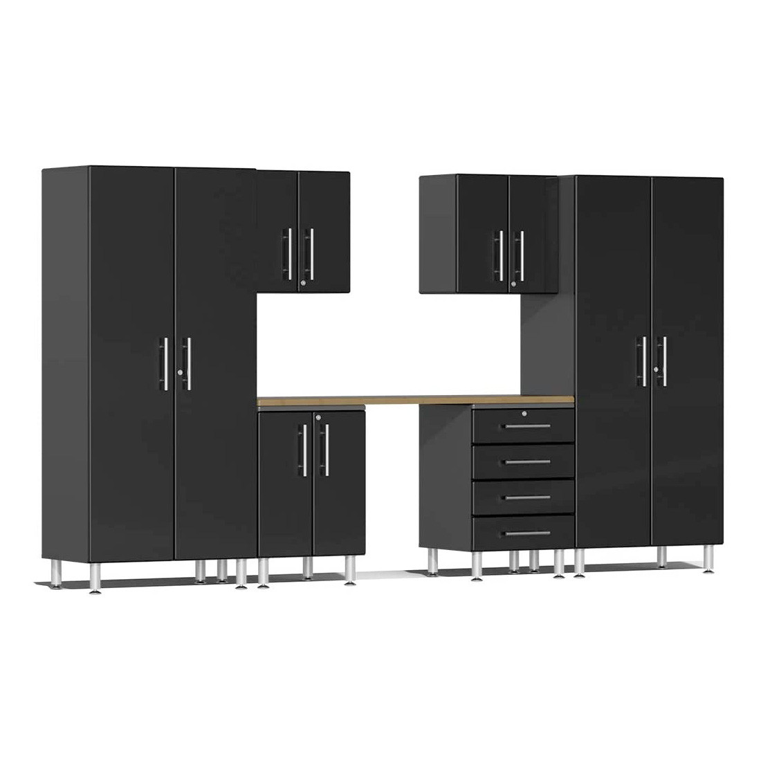 Ulti-MATE Garage 7-Piece Cabinet Set with Bamboo Worktop in Midnight Black Metallic