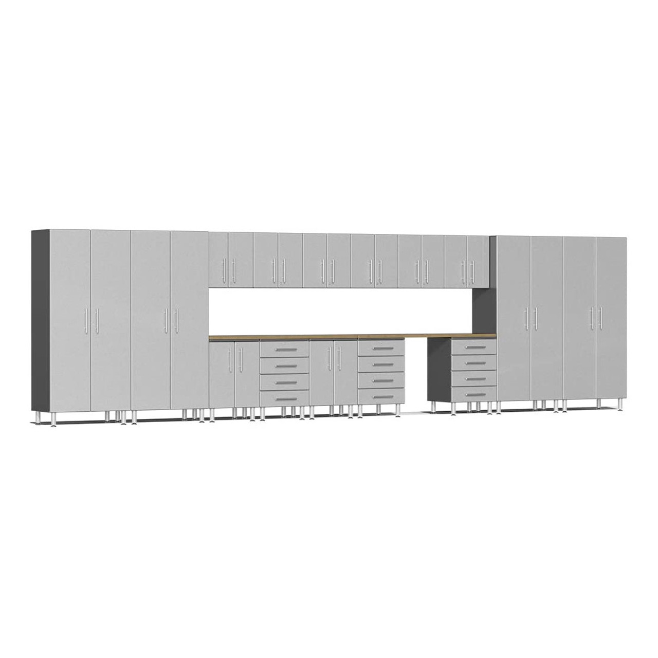 Ulti-MATE UG22172S 17-Piece Garage Cabinet Kit with Bamboo Worktop in Stardust Silver Metallic
