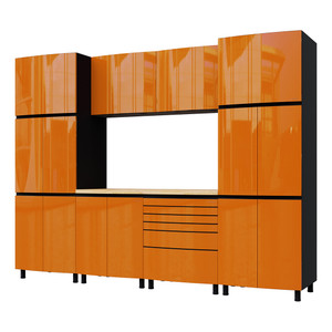 Contur Cabinet 10' Traffic Orange Premium Garage Cabinet Set with Maple Butcher Block Tops Contur Cabinet 10' Traffic Orange Premium Garage Cabinet Set with Maple Butcher Block Tops