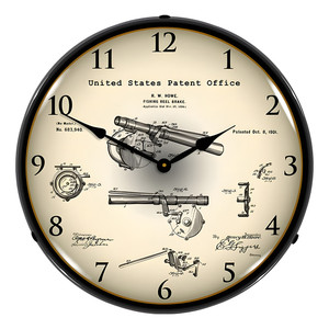 1901 Antique Fishing Reel Brake Patent Backlit Wall Clock