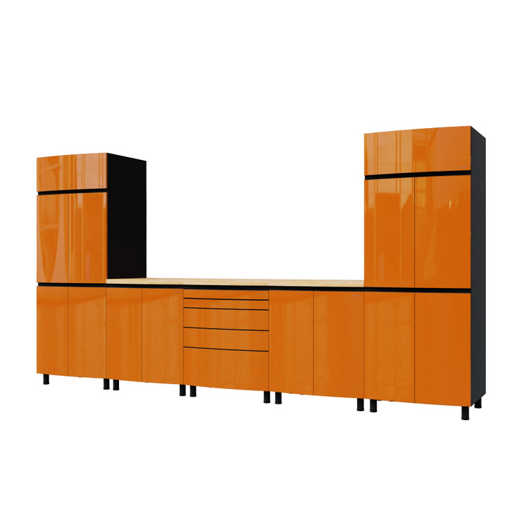 Contur Cabinet 12.5' Traffic Orange Premium Garage Cabinet System with Maple Butcher Block Tops