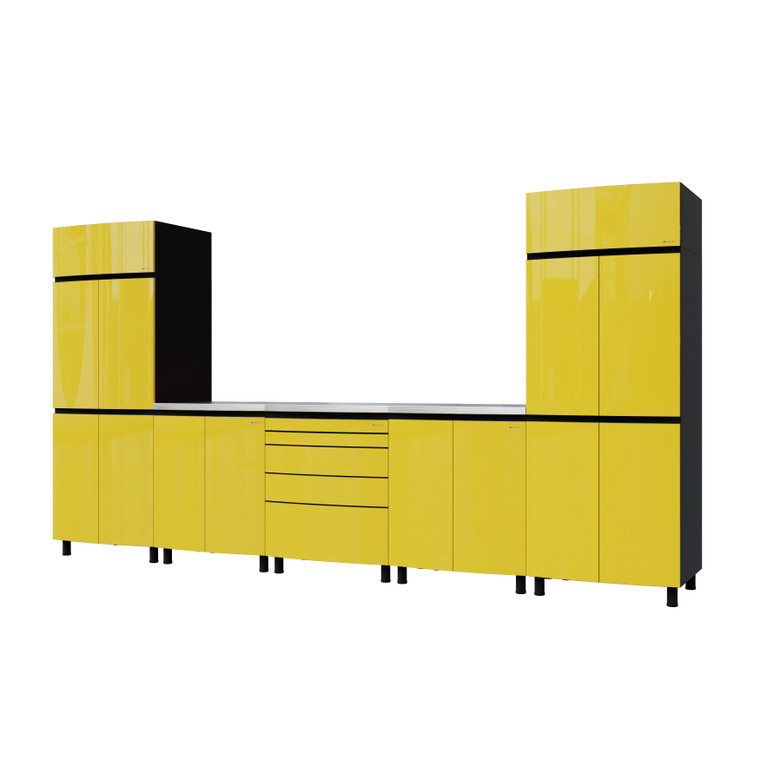 Contur Cabinet 12.5' Vespa Yellow High-End Garage Cabinet System with Stainless Steel Tops