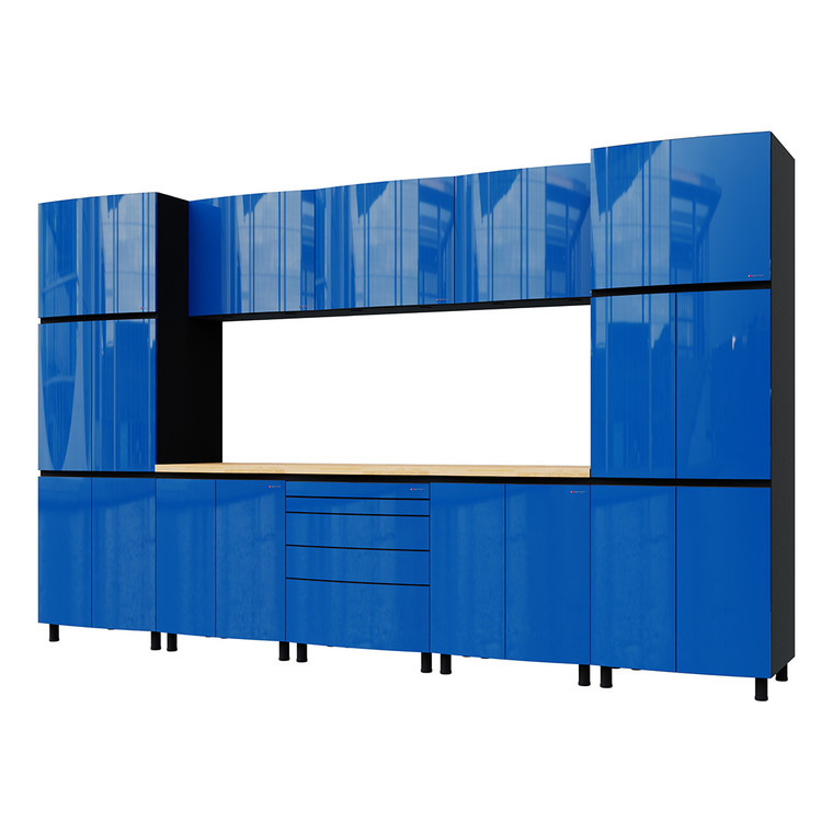 Contur Cabinet 12.5' Santorini Blue Premium Garage Cabinet Setup with Maple Butcher Block Tops