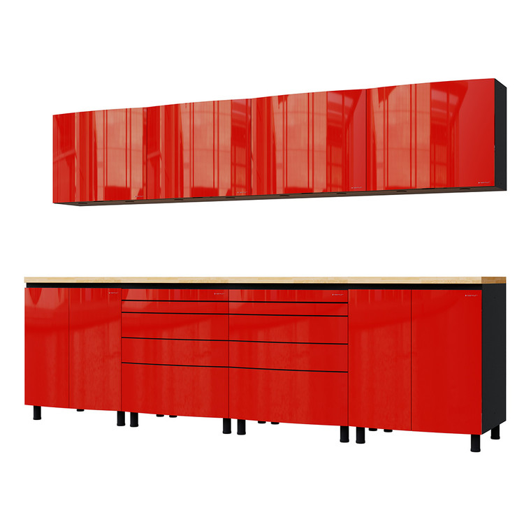 Contur Cabinet 10' Cayenne Red Premium Garage Cabinet Storage Set with Maple Butcher Block Tops