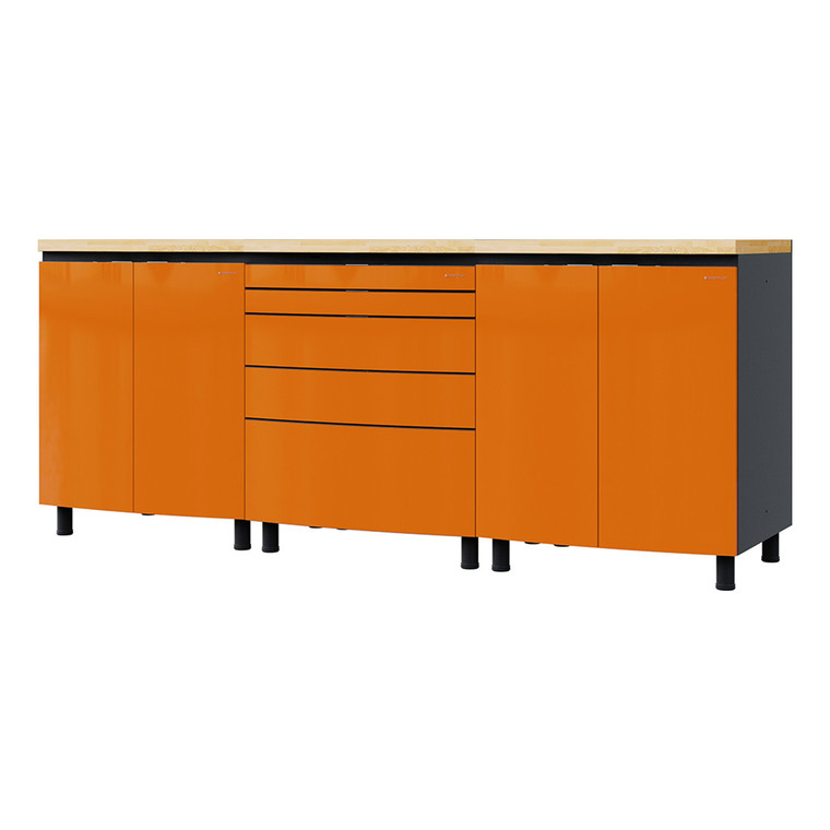 Contur Cabinet 7.5' Traffic Orange Premium Garage Cabinet Storage Setup with Maple Butcher Block Tops