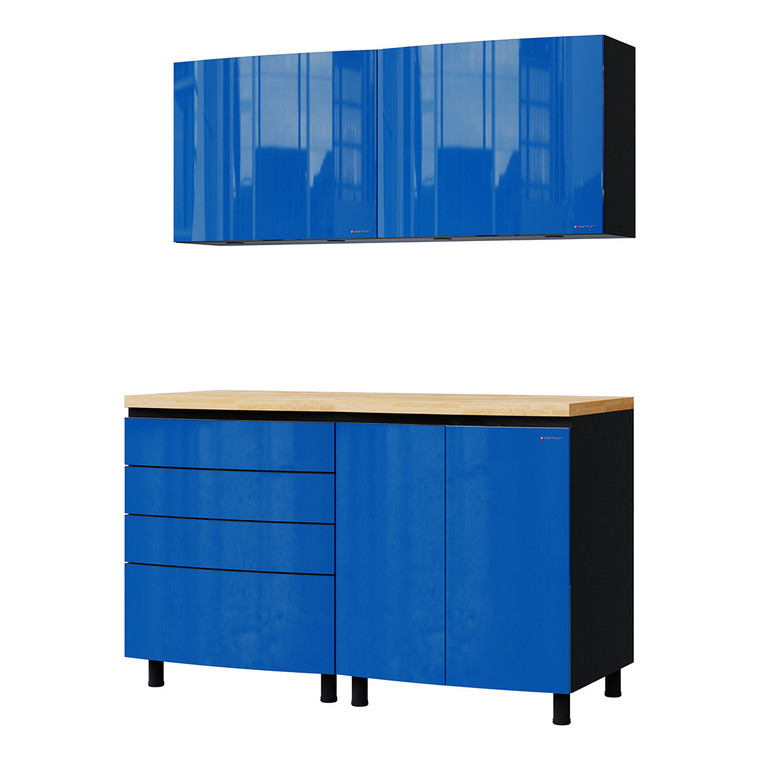 Contur 5' Santorini Blue Premium Garage Cabinet Set with Maple Butcher Block Tops