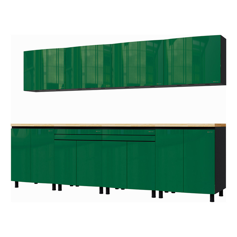 Contur 10' Racing Green Premium Garage Cabinet Configuration with Maple Butcher Block Tops