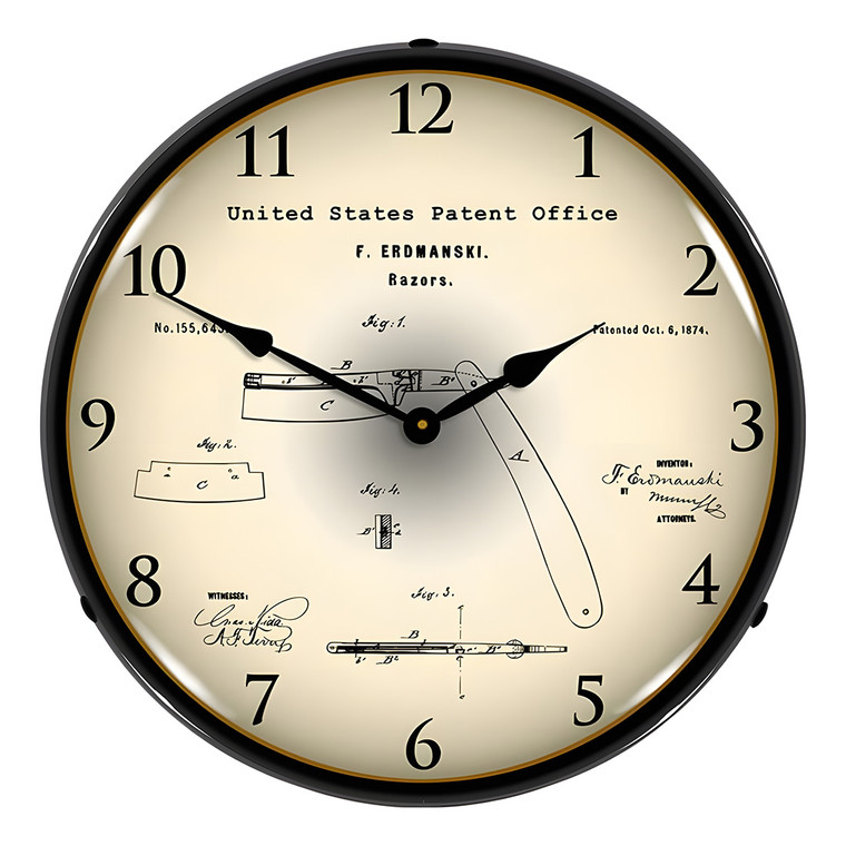 1874 Straight Razor Patent Backlit Wall Clock