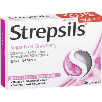 Strepsils Strawberry Sugar Free Lozenges or 36 Pack SuperPharmacyPlus