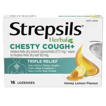 Strepsils Herbal Chesty Cough Honey Lemon Flavour 16 Lozenges  by  available at SuperPharmacy Plus