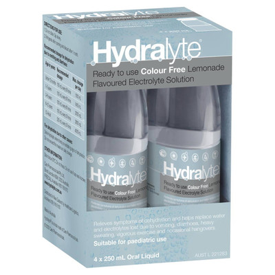 Hydralyte Electrolyte Solution or Colour Free Lemonade or 250mL 4 Pack Hydralyte SuperPharmacyPlus
